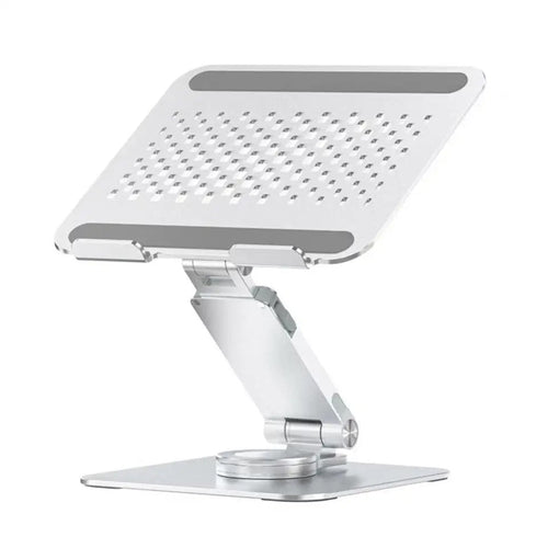 360-degree adjustable aluminum laptop stand, foldable desktop holder with anti-slip base, silver color