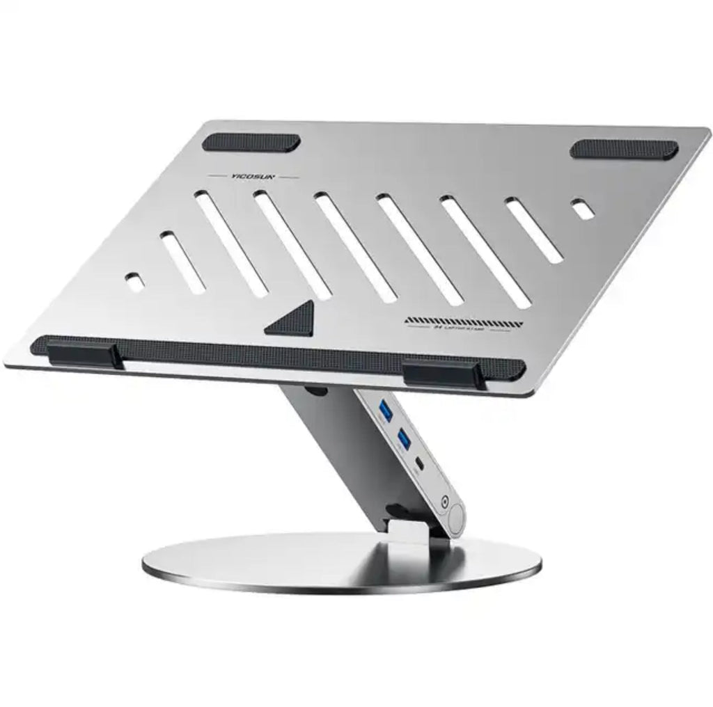 6-in-1 aluminum laptop stand with USB hub, 360-degree rotation, adjustable height, and heat dissipation for MacBook and PCs