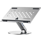 6-in-1 aluminum laptop stand with USB hub, 360-degree rotation, adjustable height, and heat dissipation for MacBook and PCs